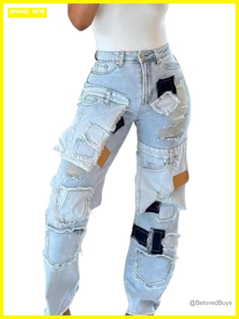 Women Patchwork High Waisted Distressed Wide Leg Jeans Stretch